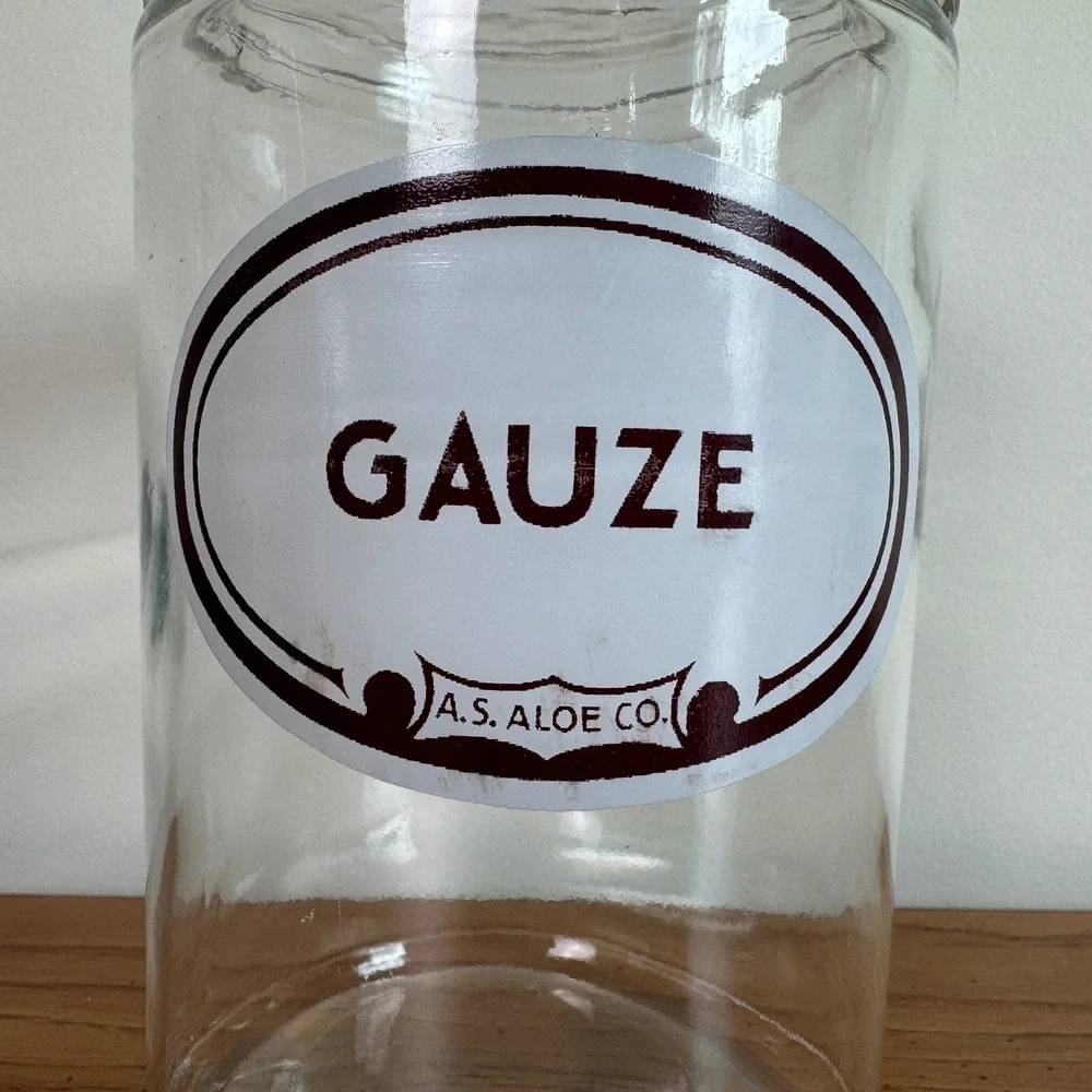 Vintage Apothecary Jar Glass Lid Gauze‎ A.S. ALOE Co Storage Container
